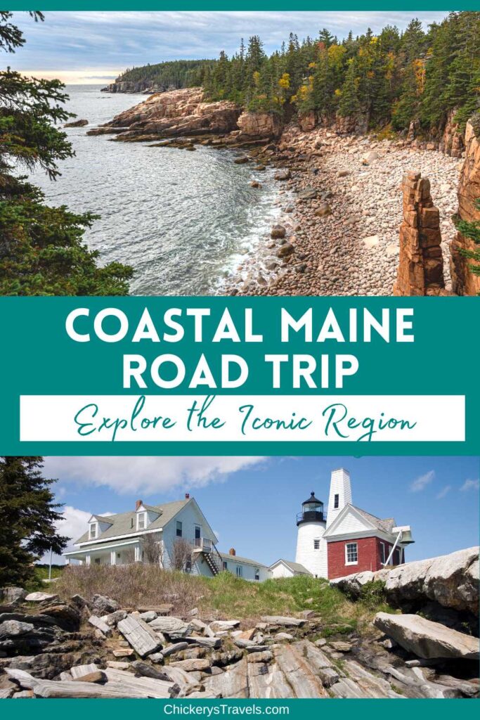Collage of Coastal Maine including a view of the ocean from Otter Cliff in Acadia National Park and an image of Pemaquid Lighthouse.  