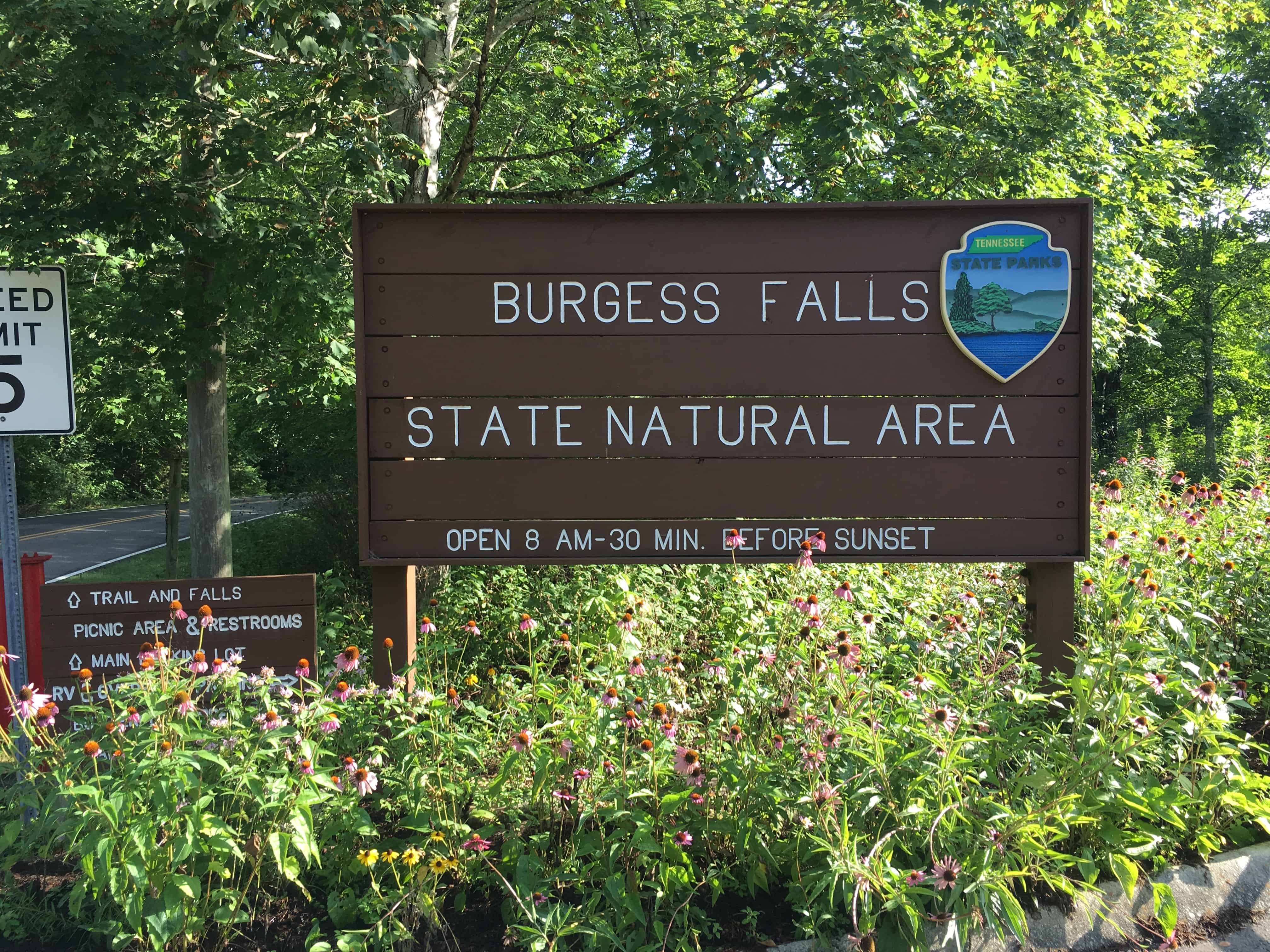 entrance sign at Burgess Falls State Natural Area