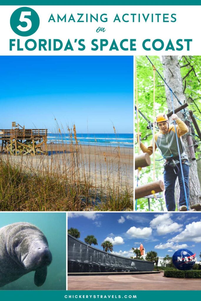 Collage of Cocoa Beach highlights including the shoreline, manatees, adn Kennedy Space Center