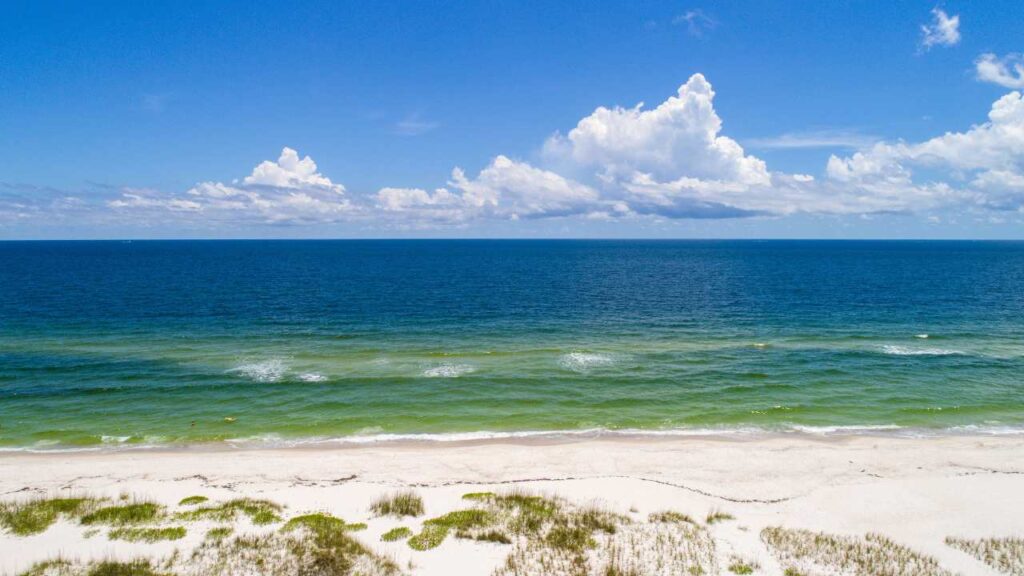 Image of the white side and emerald waters of Perdido Key State Park beach.