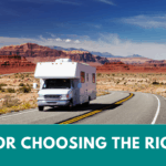 A photo of an expansive desert scene with small desert bushes and red, striated mesas in the background. Blue sky with wispy white, and a few puffy white, clouds above. A two-lane highway winds through the landscape and a class C RV is driving toward us in the foreground. Text says "Tip for choosing the right RV."