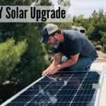 A photo of Sean Chickery installing a solar panel on top of their RV. The text reads "DIY solar upgrade."