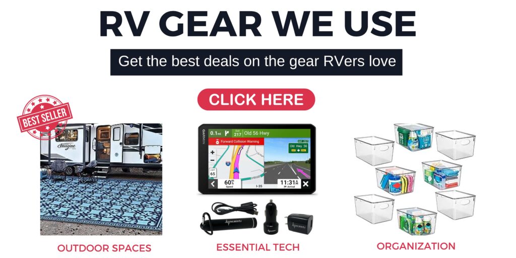 Sales banner with RV outdoor mat, RV GPS, and storage bins.