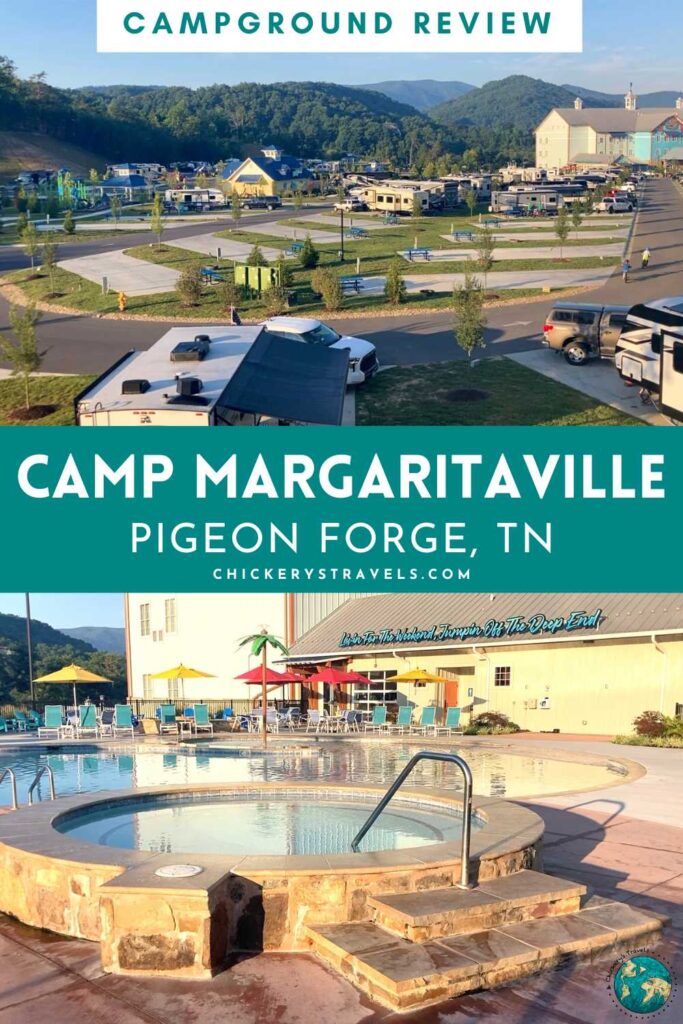 Image of the RV sites and swimming pool at Camp Margaritaville in Pigeon Forge, Tennessee. 