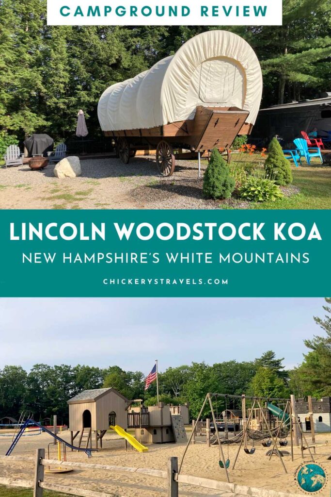 image of covered wagon and playground at the Lincoln / Woodstock KOA in New Hampsire