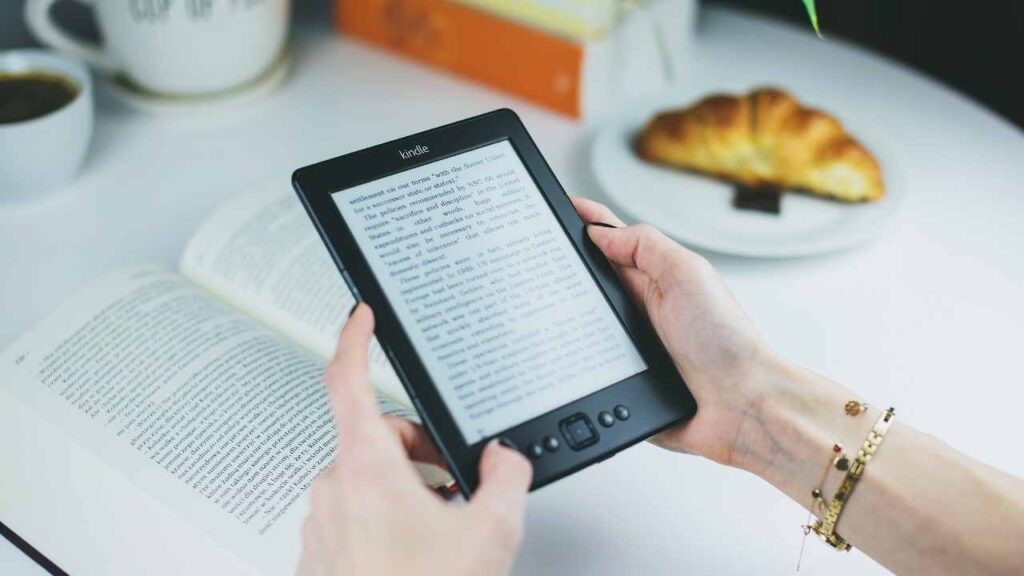 a Kindle E-book reader open to a page