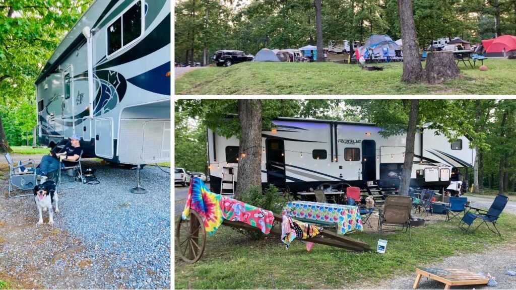 Views of three different campsites at Harper's Ferry KOA campground in West Virginia