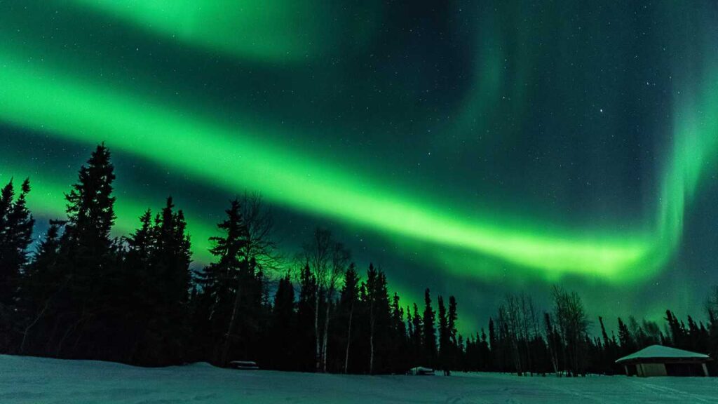 Image of the northern lights over a snowy field in Fairbanks Alaska