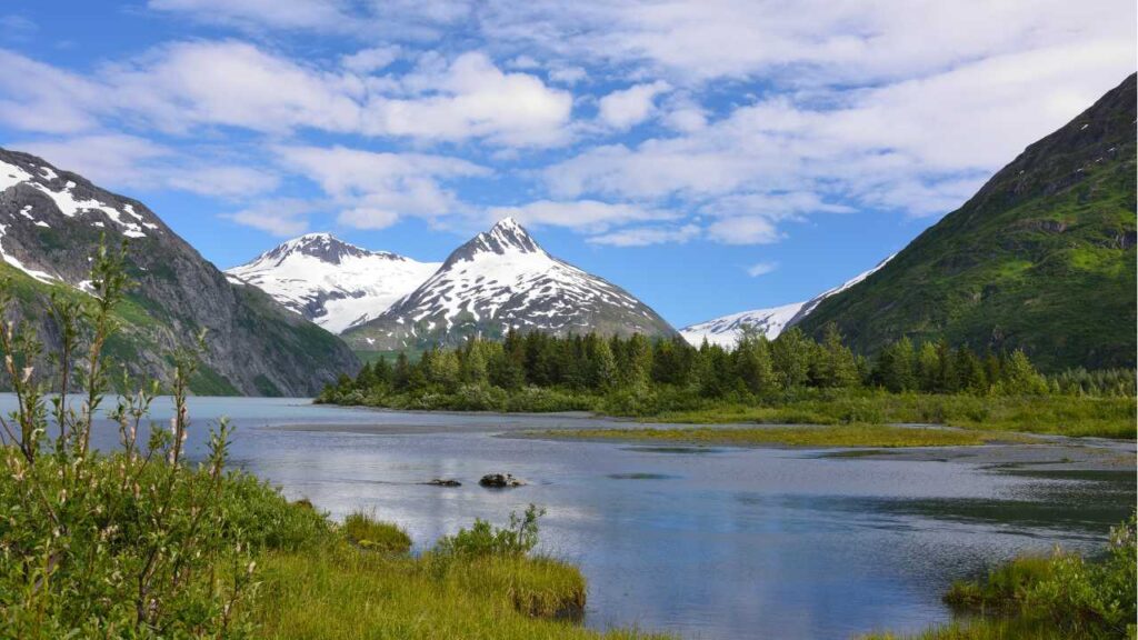 Portage Lake, Alaska with mountains in the background. 