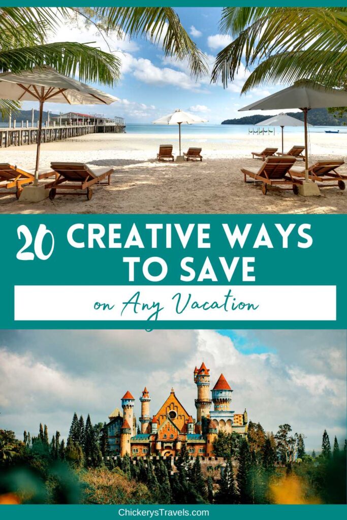 Saving on travel ad with image of beach and theme park