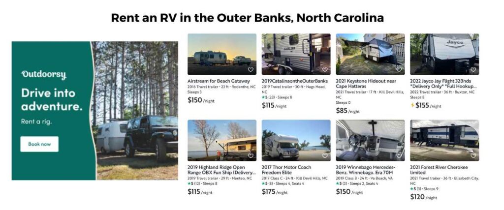 Ad banner for RV rentals in the Outer Banks through Outdoorsy