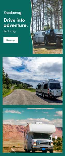 RV Rentals from Outdoorsy. Images include van, motorhome, and travel trailer.