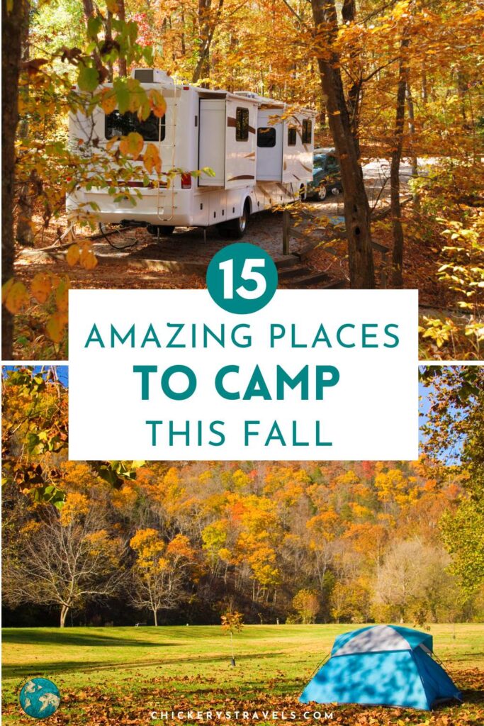 Image of campsites surrounded by fall foliage: one with a tent and another with an RV