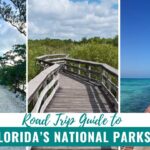 Jetty Trail at Biscayne surrounded by water, Boardwalk in the tall water grass at Everglades, and an old red Fort building at Dry Tortugas National Park