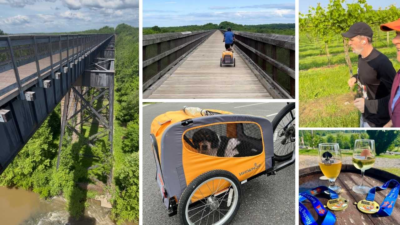 Collage of biking at High Bridge Trail State Park in Virginia.