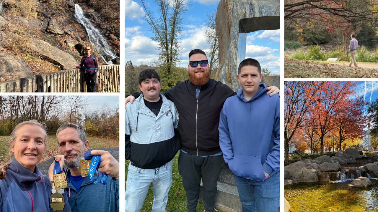 Family collage of November activities including running, hiking, and visiting with family.