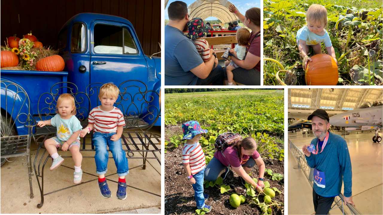 Collage of a family enjoying activities at a pumpkin patch.