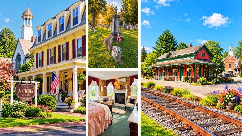Collage of images around Chester Vermont including the Inn Victoria, the historic cemetery, and train depot.