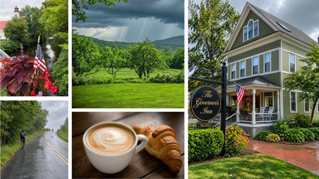 Collage of Ludlow VT including the Governor's Inn, a coffee shop, and a patriotic display at the river.