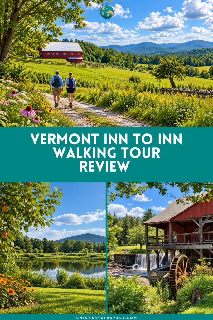 Collage of Vermont Inn to Inn Walking Tour including a couple walking with the Green Mountains in the background, the Weston Priory, and the Weston Mill.